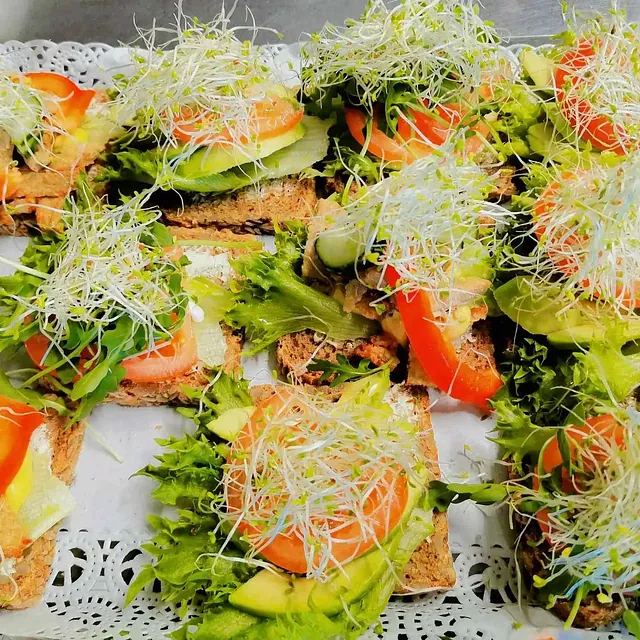 Fargerike snitter med ulike pålegg, pyntet med paprika, agurk og spirer på blonder.